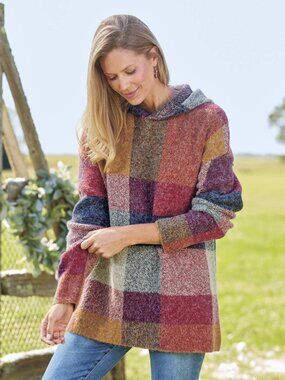 North Style Plaid Hooded Sweater, Double-Knit, Dropped Shoulders - NWOT